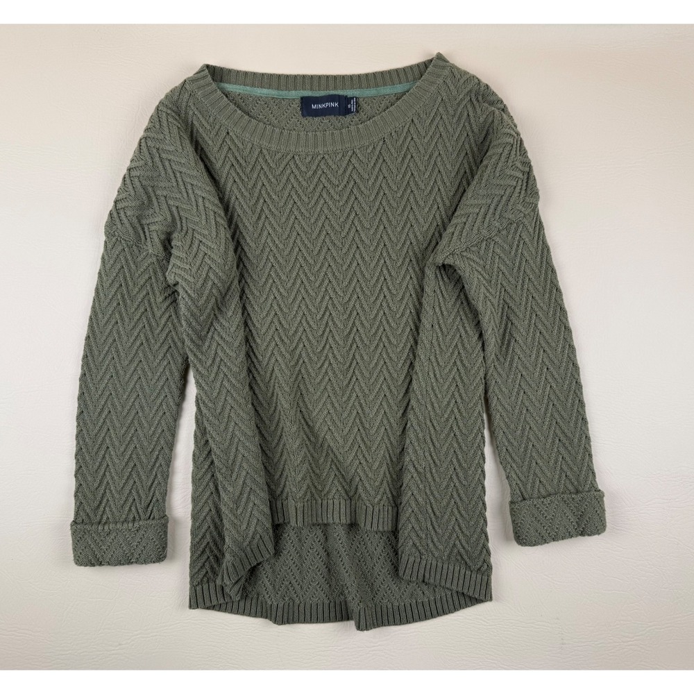 Boho Chevron Knit Sweater Olive Green High Low Hem XS MINKPINK